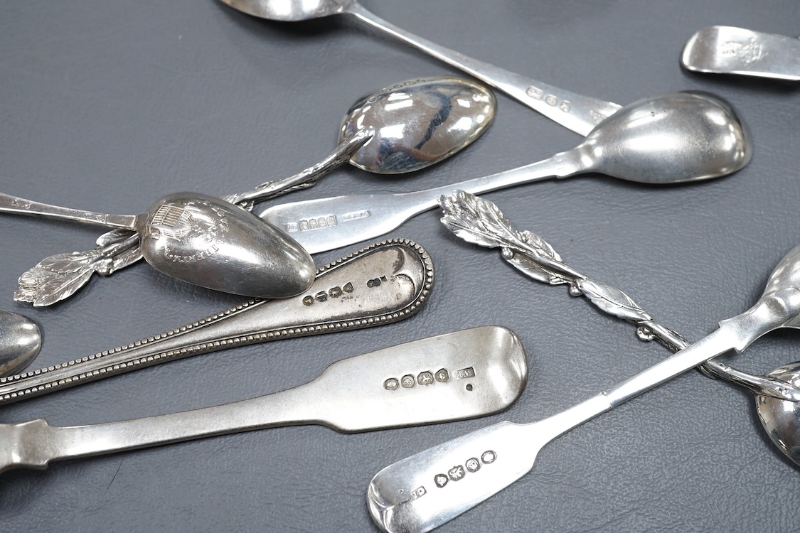 A George IIl silver oval mustard, Crispin Fuller, London, 1800, a matched pair of Victorian silver salts, one Irish, one English, two silver butter knives and assorted flatware including a William IV Irish silver caddy s